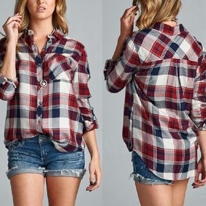 Plaid Roll-up Long Sleeve Button Down Shirt Top